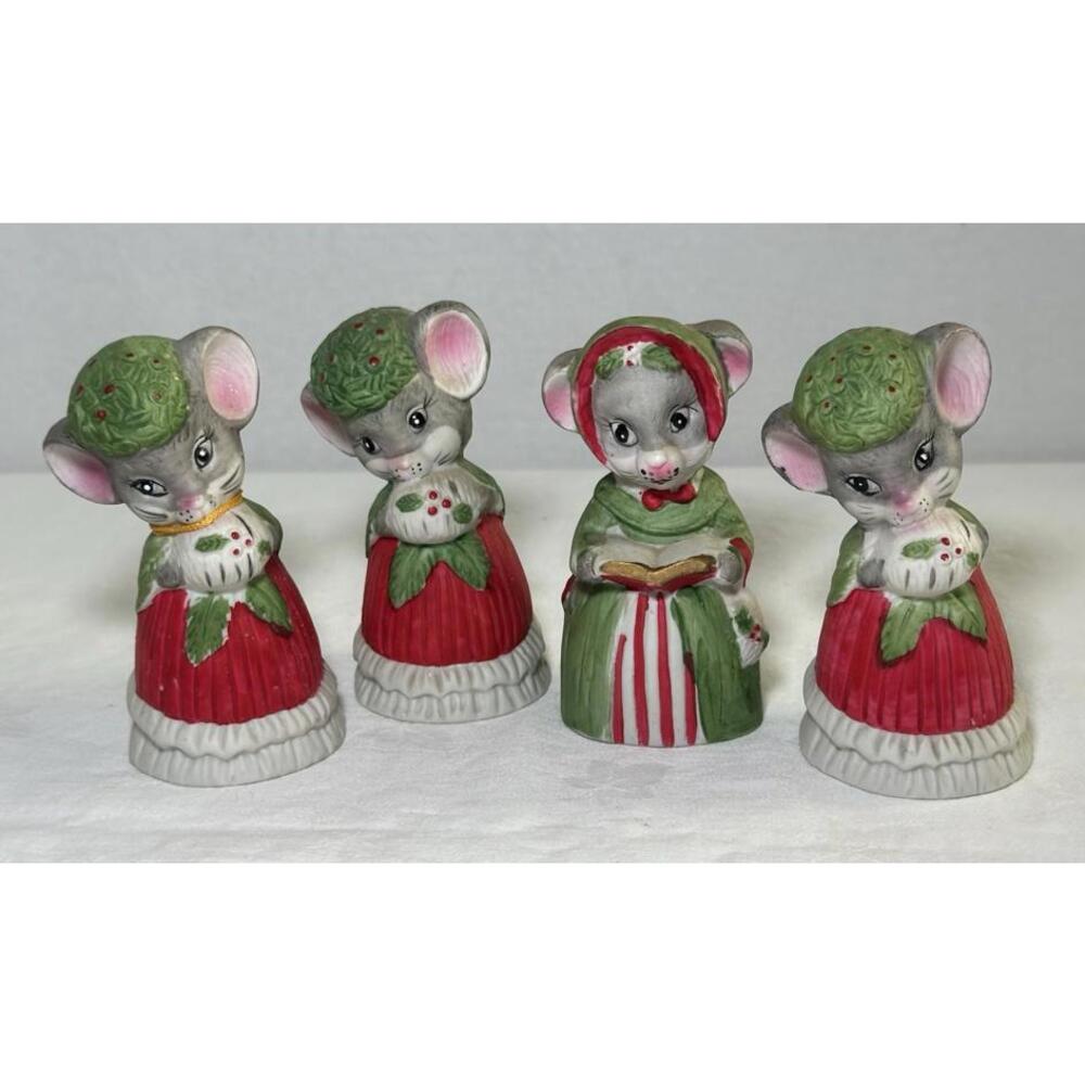 Set of 4- Vintage Jasco Christmas Mice Porcelain Bells